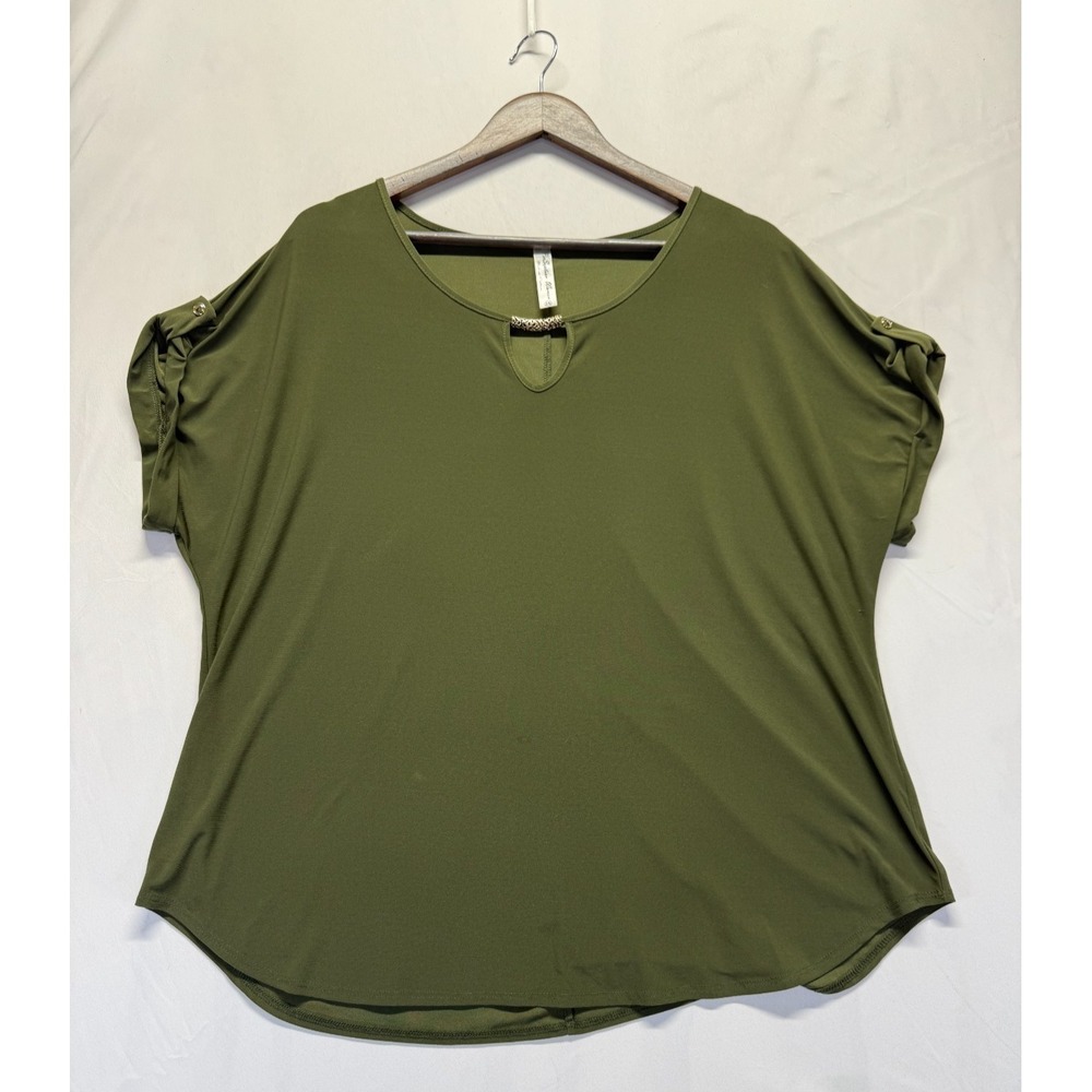 PerSeption Blouse Top Womens 2X Olive Green‎ Roll Tab Sleeve Cutout Scoop Neck